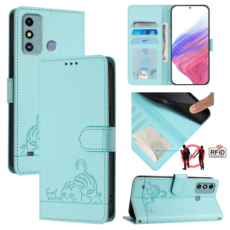 Cat Rat Embossed Pattern RFID Leather Phone Case with Lanyard, For ZTE Blade A73 4G, For ZTE Blade V50 Vita, For ZTE Blade A53 Pro, For ZTE Blade A53, For ZTE Blade A52 Lite, For ZTE Blade V60 / Axon 60 4G, For ZTE Blade A52
