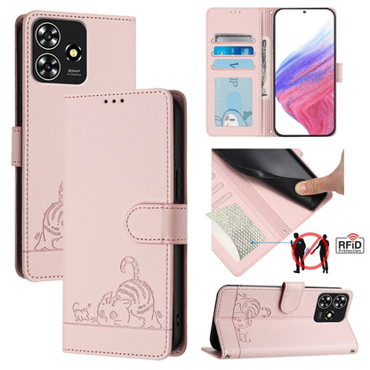 Cat Rat Embossed Pattern RFID Leather Phone Case with Lanyard, For ZTE Blade A73 4G, For ZTE Blade V50 Vita, For ZTE Blade A53 Pro, For ZTE Blade A53, For ZTE Blade A52 Lite, For ZTE Blade V60 / Axon 60 4G, For ZTE Blade A52