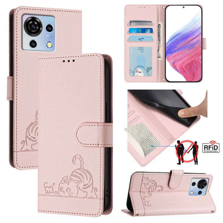 Cat Rat Embossed Pattern RFID Leather Phone Case with Lanyard, For ZTE Blade A73 4G, For ZTE Blade V50 Vita, For ZTE Blade A53 Pro, For ZTE Blade A53, For ZTE Blade A52 Lite, For ZTE Blade V60 / Axon 60 4G, For ZTE Blade A52
