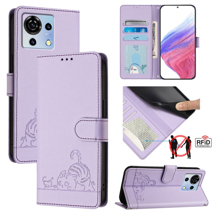 Cat Rat Embossed Pattern RFID Leather Phone Case with Lanyard, For ZTE Blade A73 4G, For ZTE Blade V50 Vita, For ZTE Blade A53 Pro, For ZTE Blade A53, For ZTE Blade A52 Lite, For ZTE Blade V60 / Axon 60 4G, For ZTE Blade A52