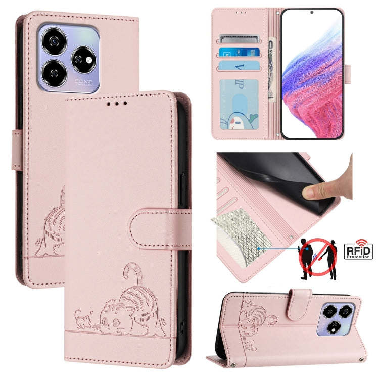 Cat Rat Embossed Pattern RFID Leather Phone Case with Lanyard, For ZTE Blade A73 4G, For ZTE Blade V50 Vita, For ZTE Blade A53 Pro, For ZTE Blade A53, For ZTE Blade A52 Lite, For ZTE Blade V60 / Axon 60 4G, For ZTE Blade A52