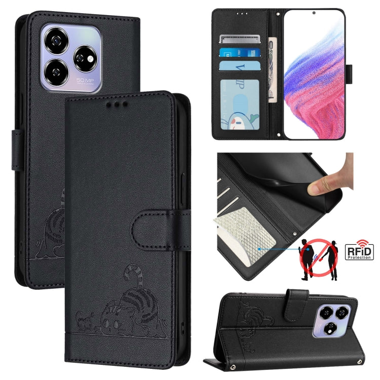 Cat Rat Embossed Pattern RFID Leather Phone Case with Lanyard, For ZTE Blade A73 4G, For ZTE Blade V50 Vita, For ZTE Blade A53 Pro, For ZTE Blade A53, For ZTE Blade A52 Lite, For ZTE Blade V60 / Axon 60 4G, For ZTE Blade A52