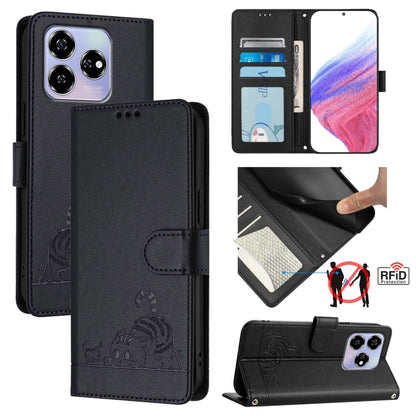 Cat Rat Embossed Pattern RFID Leather Phone Case with Lanyard, For ZTE Blade A73 4G, For ZTE Blade V50 Vita, For ZTE Blade A53 Pro, For ZTE Blade A53, For ZTE Blade A52 Lite, For ZTE Blade V60 / Axon 60 4G, For ZTE Blade A52