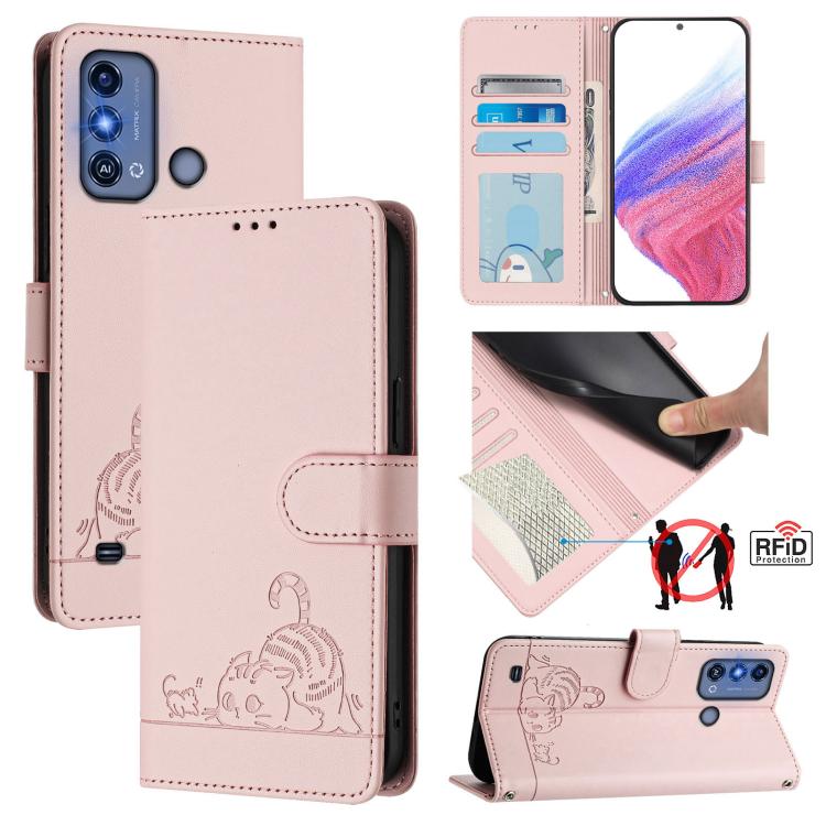 Cat Rat Embossed Pattern RFID Leather Phone Case with Lanyard, For ZTE Blade A73 4G, For ZTE Blade V50 Vita, For ZTE Blade A53 Pro, For ZTE Blade A53, For ZTE Blade A52 Lite, For ZTE Blade V60 / Axon 60 4G, For ZTE Blade A52