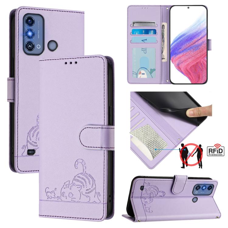 Cat Rat Embossed Pattern RFID Leather Phone Case with Lanyard, For ZTE Blade A73 4G, For ZTE Blade V50 Vita, For ZTE Blade A53 Pro, For ZTE Blade A53, For ZTE Blade A52 Lite, For ZTE Blade V60 / Axon 60 4G, For ZTE Blade A52