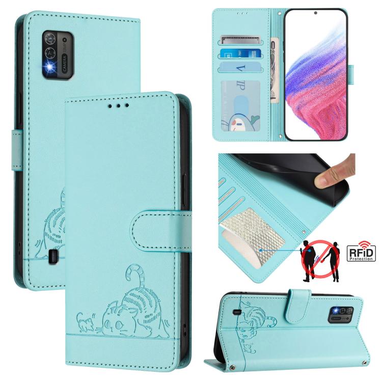 Cat Rat Embossed Pattern RFID Leather Phone Case with Lanyard, For ZTE Blade A73 4G, For ZTE Blade V50 Vita, For ZTE Blade A53 Pro, For ZTE Blade A53, For ZTE Blade A52 Lite, For ZTE Blade V60 / Axon 60 4G, For ZTE Blade A52