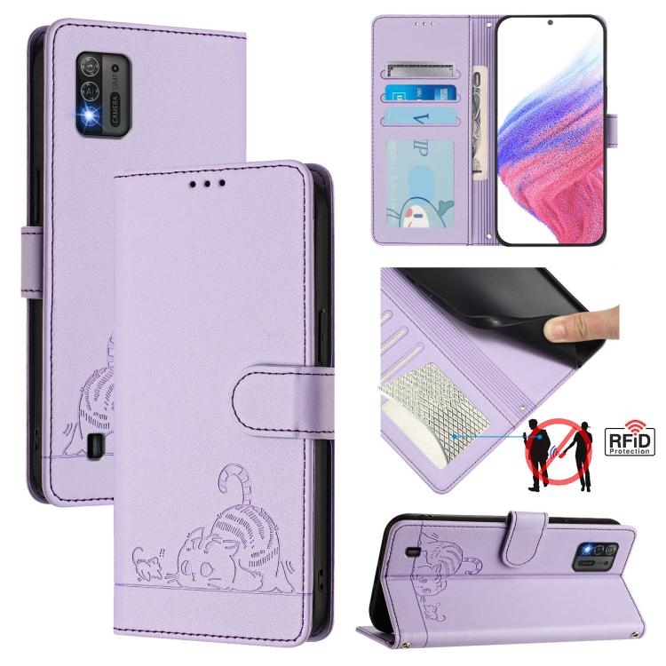 Cat Rat Embossed Pattern RFID Leather Phone Case with Lanyard, For ZTE Blade A73 4G, For ZTE Blade V50 Vita, For ZTE Blade A53 Pro, For ZTE Blade A53, For ZTE Blade A52 Lite, For ZTE Blade V60 / Axon 60 4G, For ZTE Blade A52