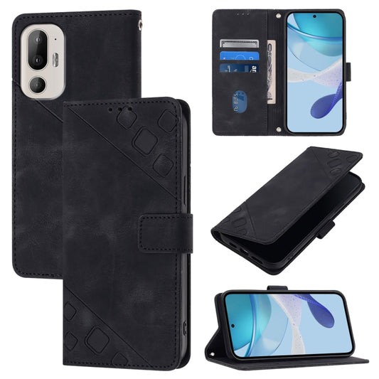Black embossed leather folio phone case with magnetic clasp and cutout openings