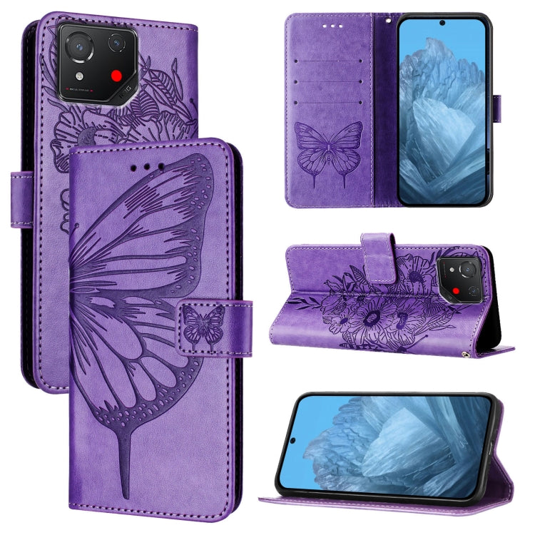 Embossed butterfly leather phone case in purple, folio wallet with stand view