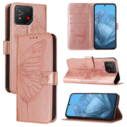Embossed butterfly leather phone case in rose gold, folio wallet with stand