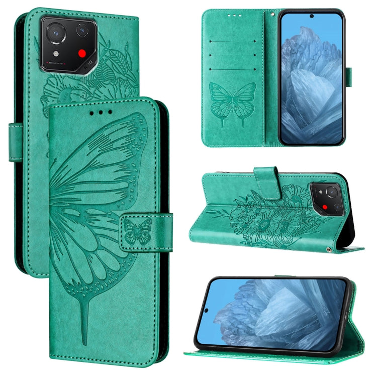 Embossed butterfly leather phone case in green, folio cover with butterfly embossing