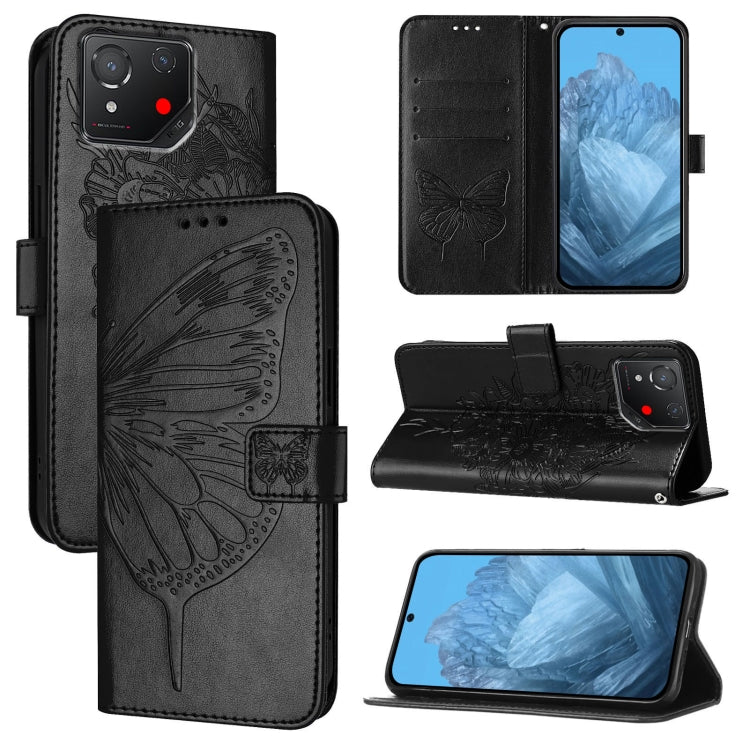 Embossed butterfly leather phone case in black, folio wallet with butterfly detail
