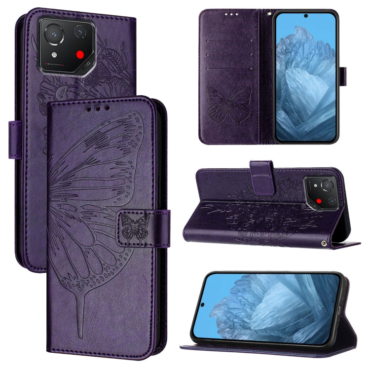 Embossed butterfly leather phone case in dark purple, folio wallet with card slots