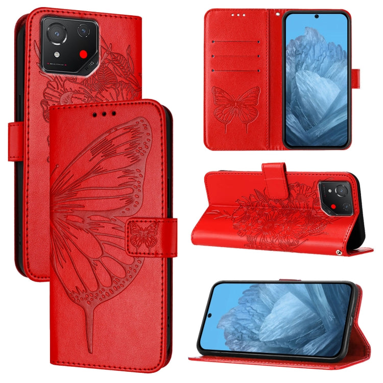 Embossed butterfly leather phone case in red, folio cover with embossed butterfly