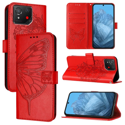 Embossed butterfly leather phone case in red, folio cover with embossed butterfly