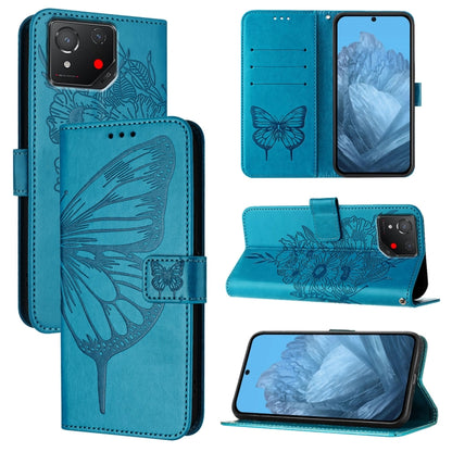 Embossed butterfly leather phone case in teal blue, folio wallet with butterfly embossing