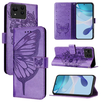 Purple embossed butterfly leather phone case with folio flap and card holder