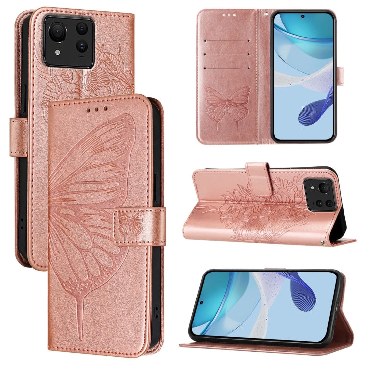 Rose embossed butterfly leather phone case with folio flap and card holder