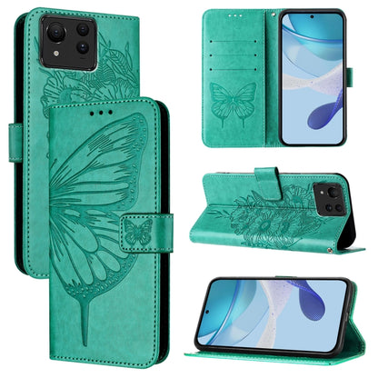 Green embossed butterfly leather phone case with folio flap and card holder