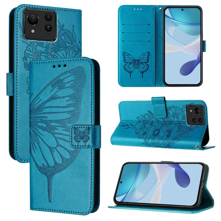 Teal embossed butterfly leather phone case with folio flap and built-in stand