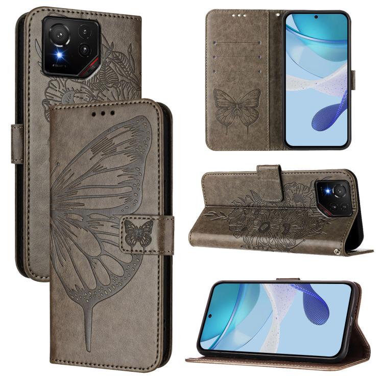 Gray embossed butterfly leather phone case with folio stand and card slots