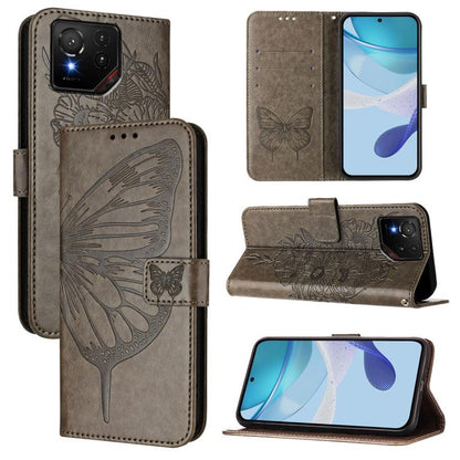 Gray embossed butterfly leather phone case with folio stand and card slots