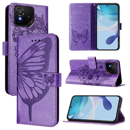 Purple embossed butterfly leather phone case with folio stand and card slots