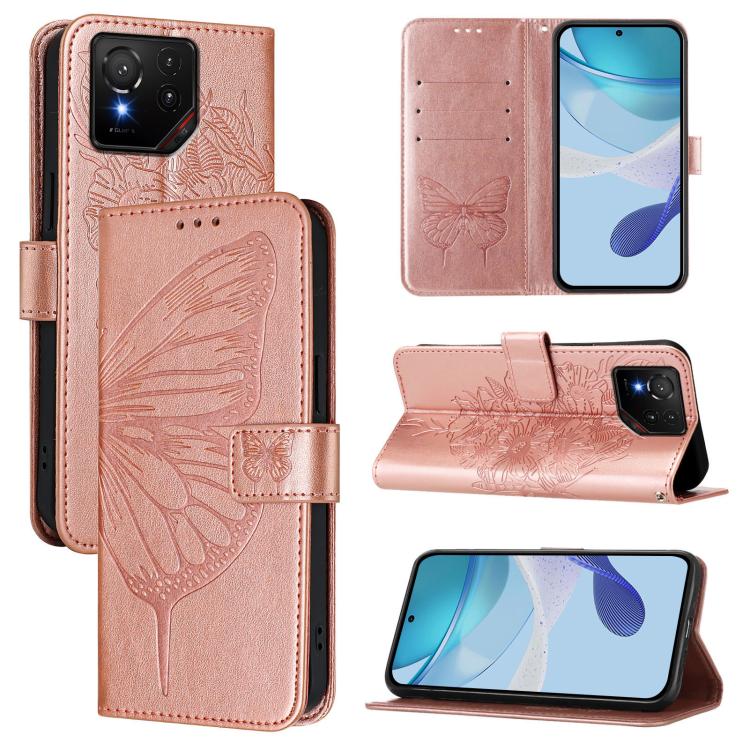 Rose gold embossed butterfly leather phone case with folio stand and card slots