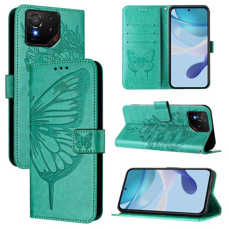 Green embossed butterfly leather phone case with folio stand and card slots