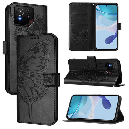 Black embossed butterfly leather phone case with folio stand and card slots