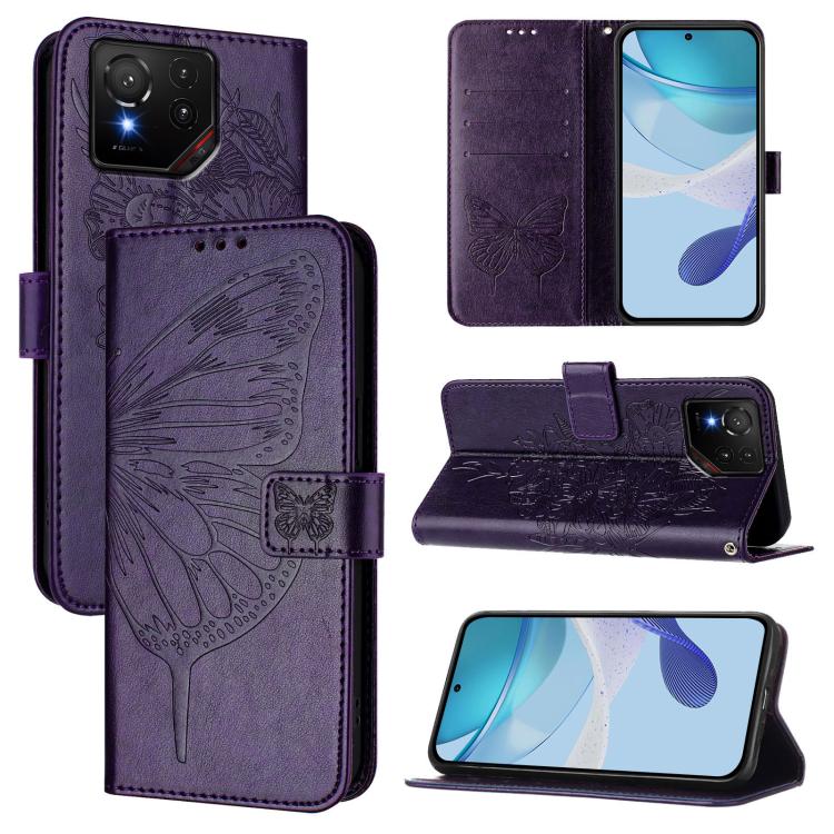 Purple embossed butterfly leather phone case with folio stand and card slots