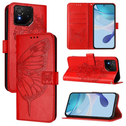 Red embossed butterfly leather phone case with folio stand and card slots