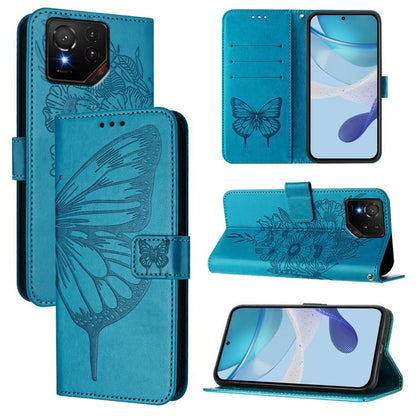 Blue embossed butterfly leather phone case with folio flap and card holder