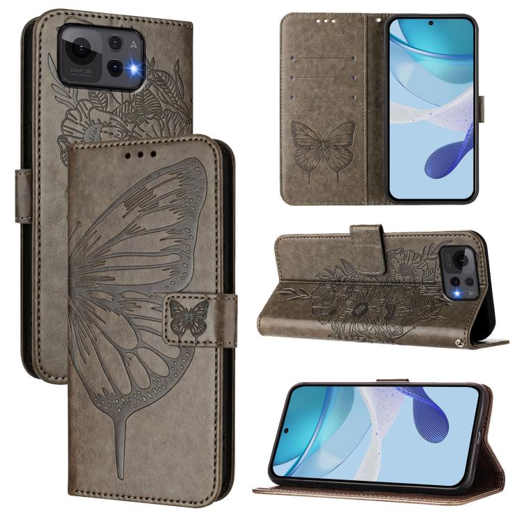Embossed butterfly leather phone case with folio flap in grey, card slots, stand view