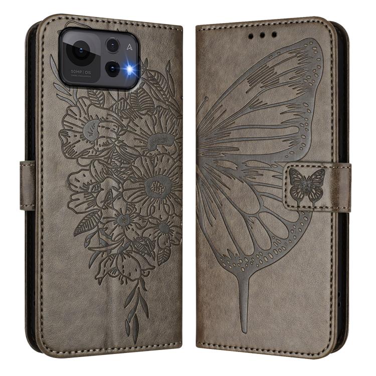 Embossed butterfly leather phone case in grey, front cover and back panel view