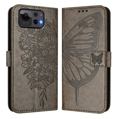 Embossed butterfly leather phone case in grey, front cover and back panel view