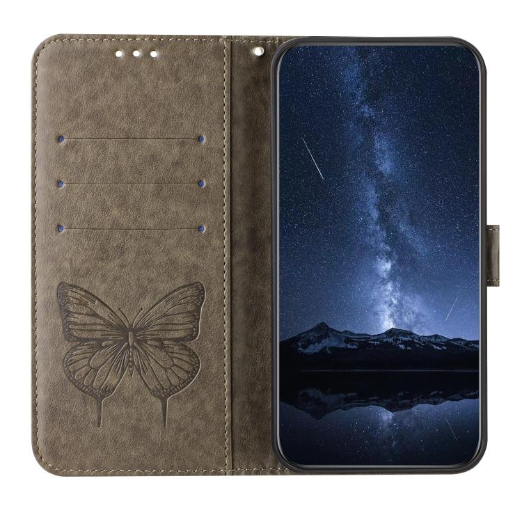 Embossed butterfly leather phone case in beige, folio cover with cutouts and clasp