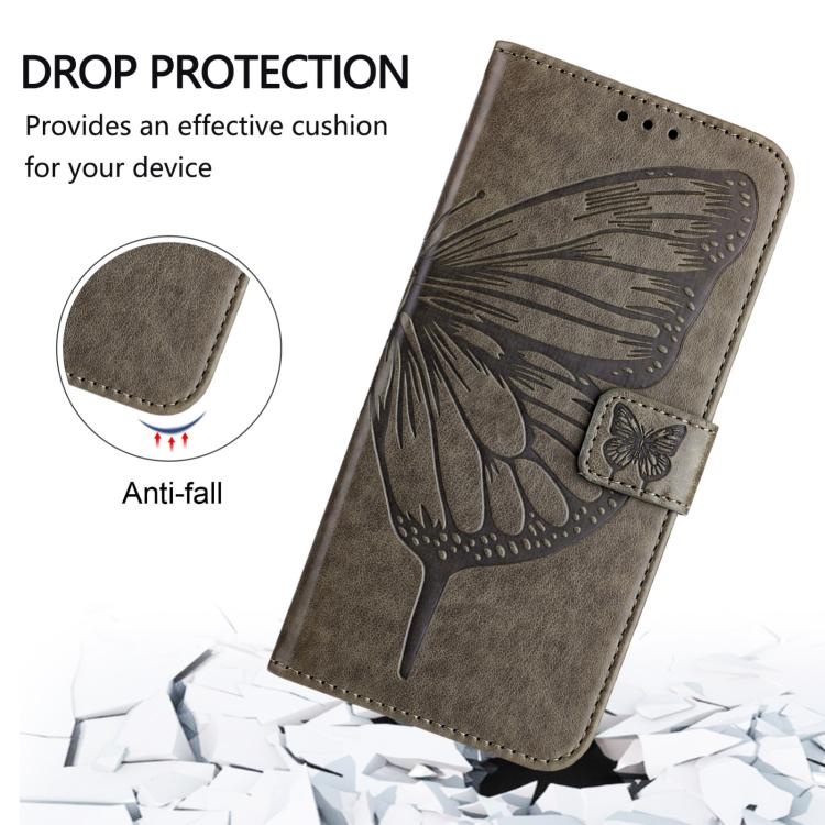 Embossed butterfly leather phone case in grey with folio flap and butterfly embossing