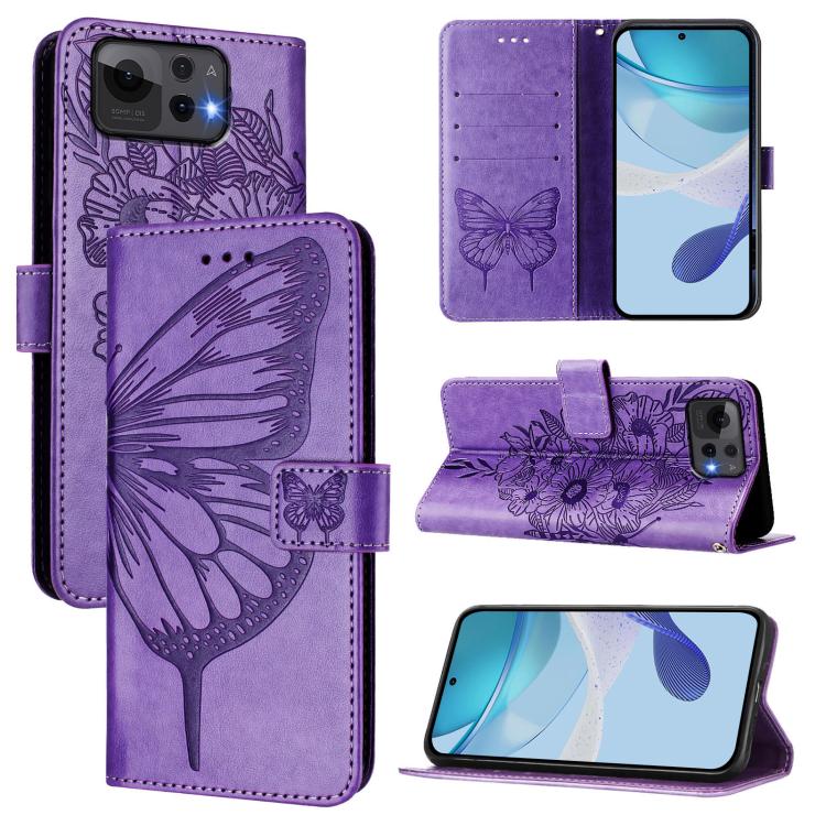 Embossed butterfly leather phone case in purple, folio design with stand angle