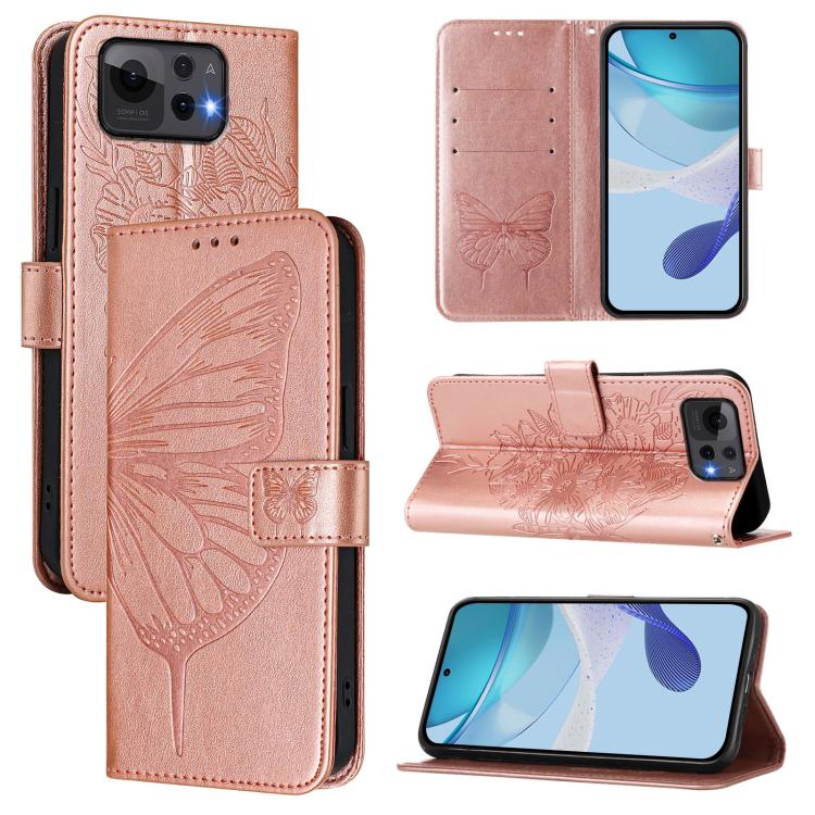 Embossed butterfly leather phone case in rose gold, folio cover with butterfly embossing