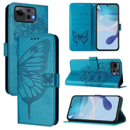 Blue embossed butterfly leather phone case with folio stand and card slots