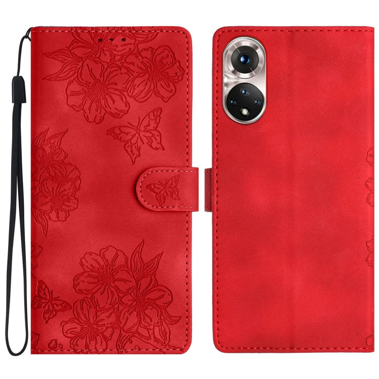 Cherry Blossom Butterfly Skin Feel Embossed PU Phone Case, For Honor X8 / X30i, For Honor 50 Lite, For Honor 50
