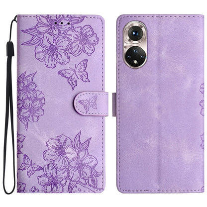 Cherry Blossom Butterfly Skin Feel Embossed PU Phone Case, For Honor X8 / X30i, For Honor 50 Lite, For Honor 50
