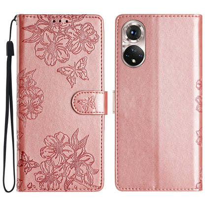 Cherry Blossom Butterfly Skin Feel Embossed PU Phone Case, For Honor X8 / X30i, For Honor 50 Lite, For Honor 50