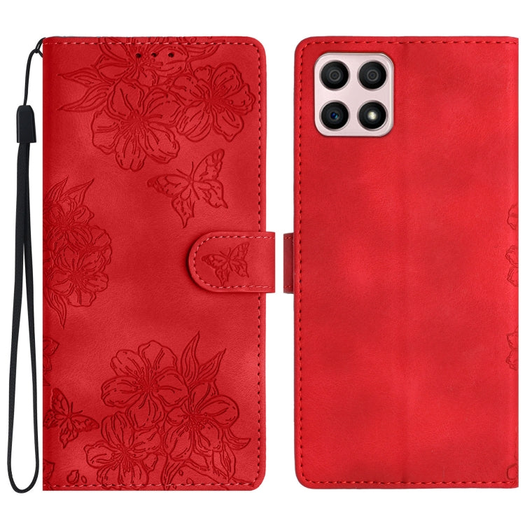 Cherry Blossom Butterfly Skin Feel Embossed PU Phone Case, For Honor X8 / X30i, For Honor 50 Lite, For Honor 50
