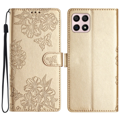 Cherry Blossom Butterfly Skin Feel Embossed PU Phone Case, For Honor X8 / X30i, For Honor 50 Lite, For Honor 50