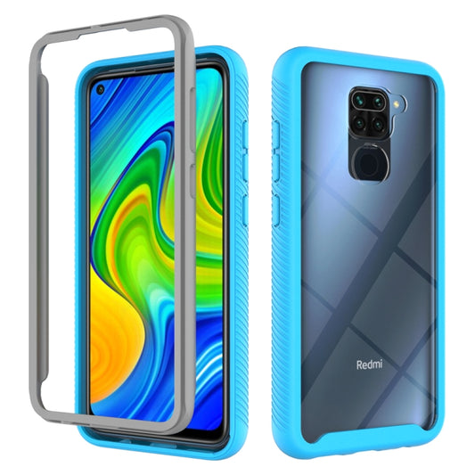 Blue shockproof phone case with TPU bumper and PC back, side buttons and camera cutout.