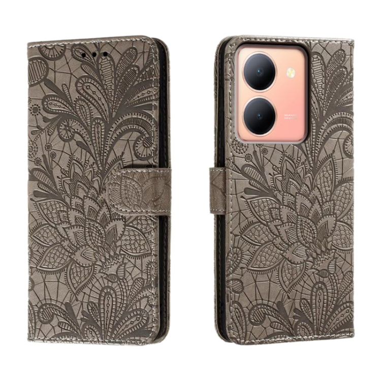Grey floral embossed flip leather phone case with stand flap and stitched edges