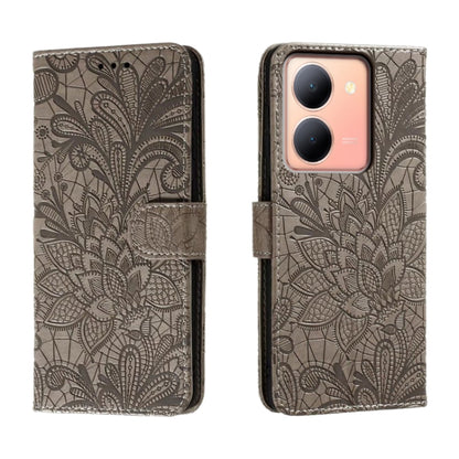 Grey floral embossed flip leather phone case with stand flap and stitched edges