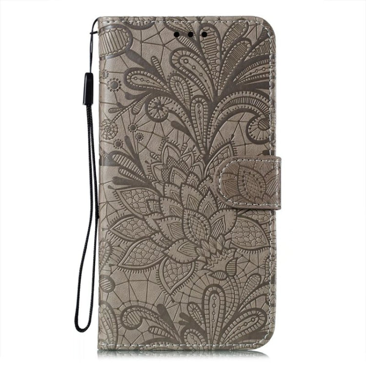 Grey floral embossed flip leather phone case with wrist strap loop